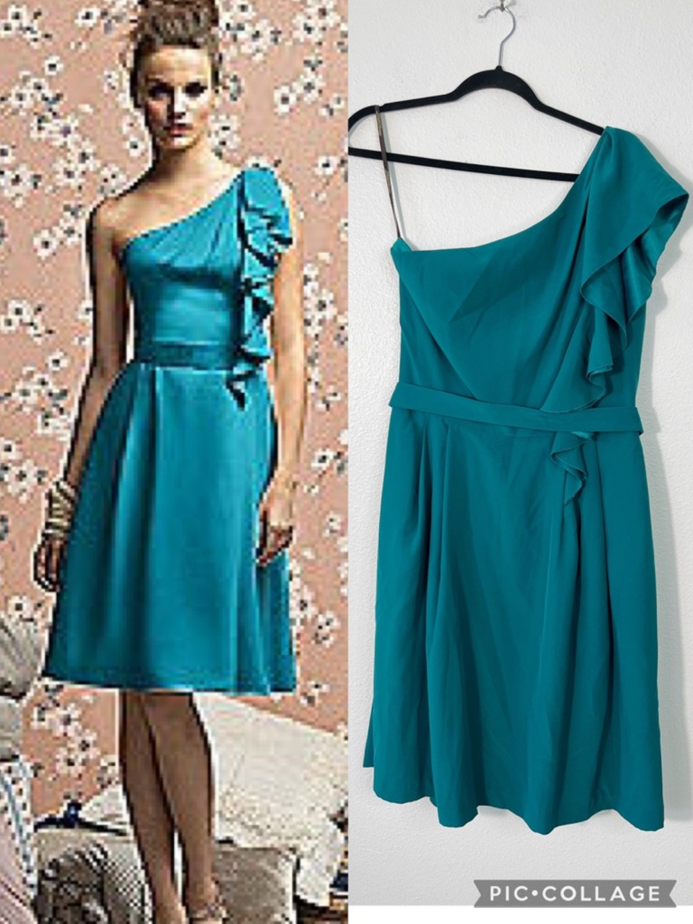 Y2K Lela Rose Bridesmaid Matte One-Shoulder Teal Ruffle Dress Size 14 Teal NEW